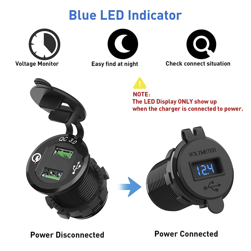 Quick Charge 3.0 Dual USB Car Charger Fast Charge Socket Aluminium Power Outlet with LED Voltmeter for 12V 24V Car Boat Marine