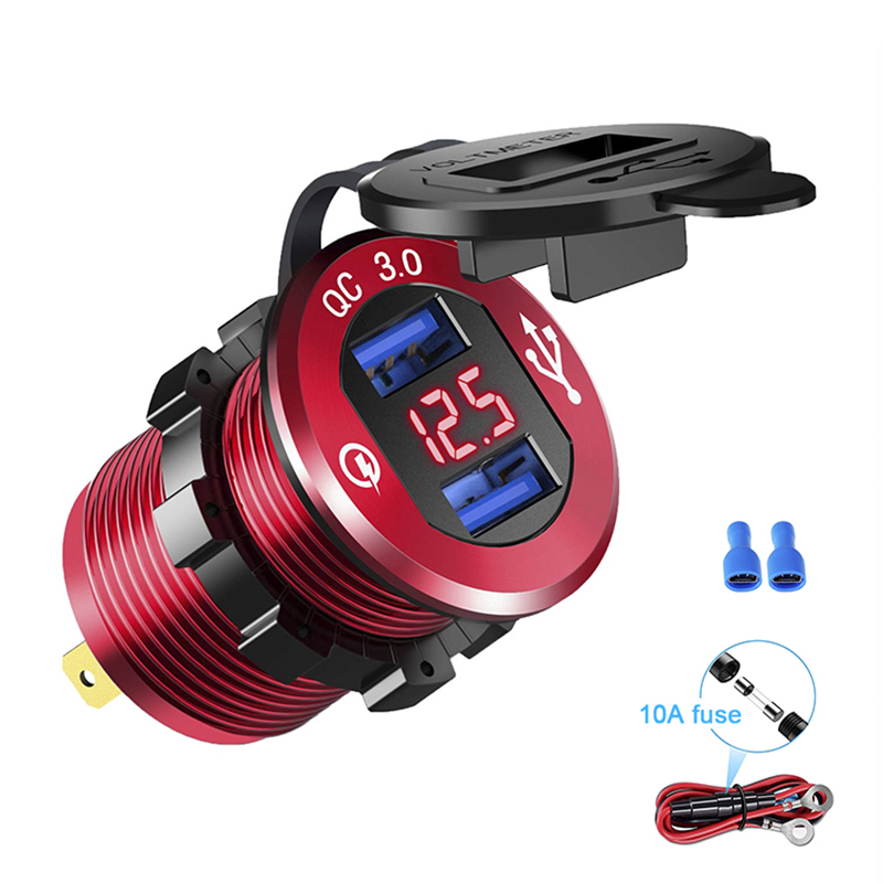 Quick Charge 3.0 Dual USB Car Charger Fast Charge Socket Aluminium Power Outlet with LED Voltmeter for 12V 24V Car Boat Marine