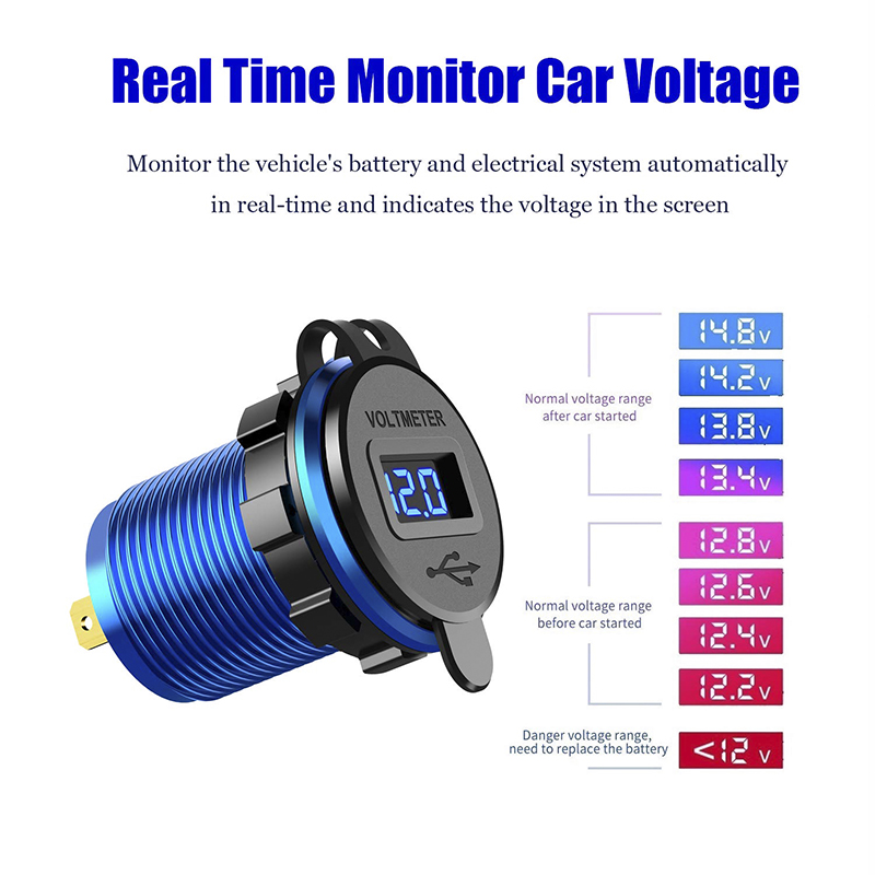 Quick Charge 3.0 Dual USB Car Charger Fast Charge Socket Aluminium Power Outlet with LED Voltmeter for 12V 24V Car Boat Marine