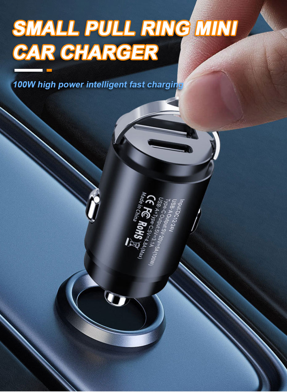 SEAMETAL 100W Car USB Charger Super Charge USB-A USB-C Cigarette Lighter Adapter Hidden Phone Charger for iPhone Huawei Samsung