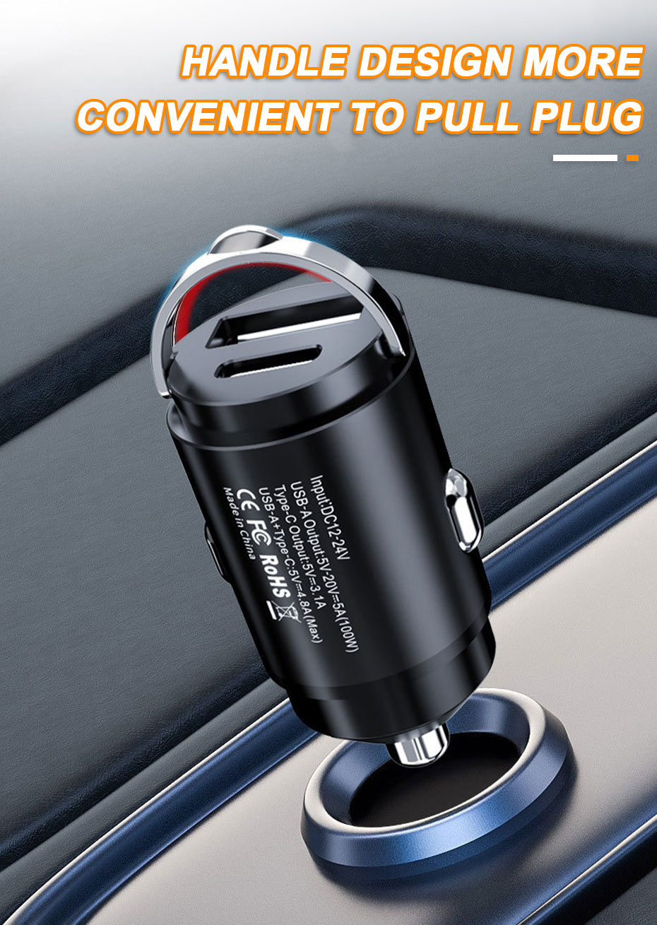 SEAMETAL 100W Car USB Charger Super Charge USB-A USB-C Cigarette Lighter Adapter Hidden Phone Charger for iPhone Huawei Samsung