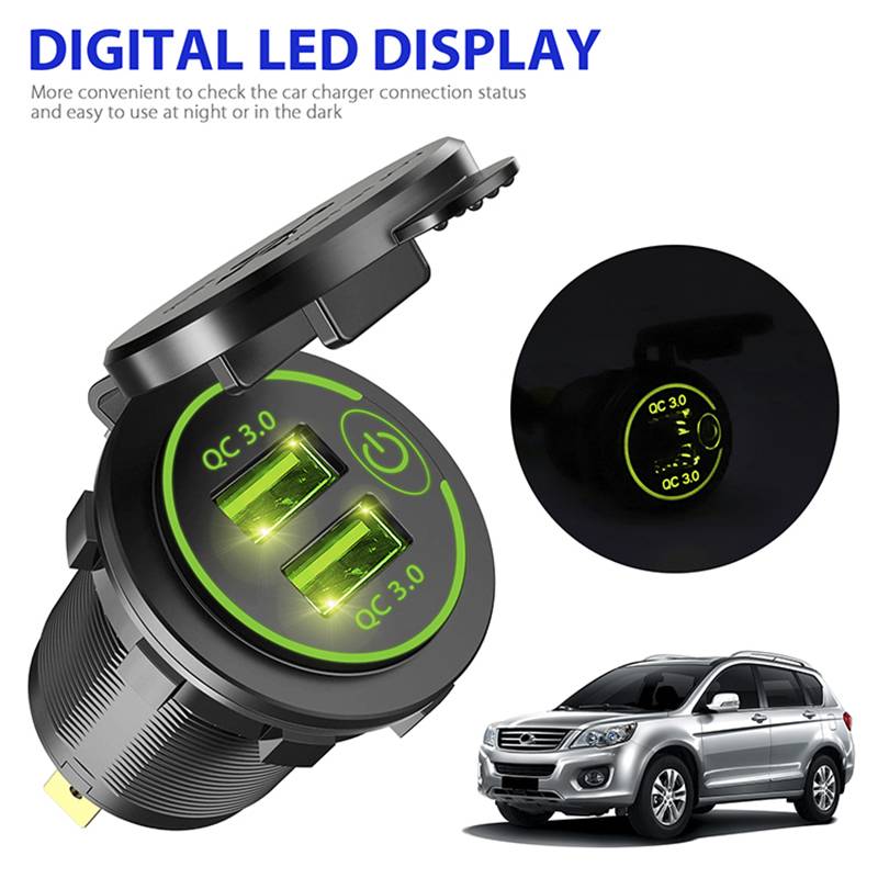 Quick Charge 3.0 Dual USB Fast Car Charger Socket Accessories Waterproof 12V/24V QC3.0 Power Outlet with Touch Switch&Led Light