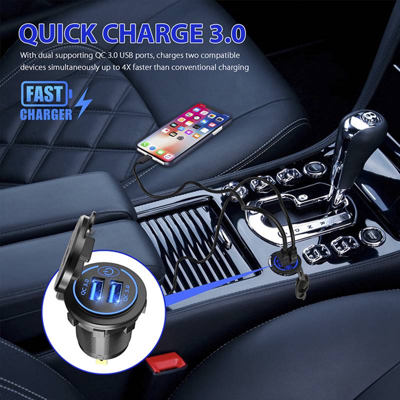 Quick Charge 3.0 Dual USB Fast Car Charger Socket Accessories Waterproof 12V/24V QC3.0 Power Outlet with Touch Switch&Led Light