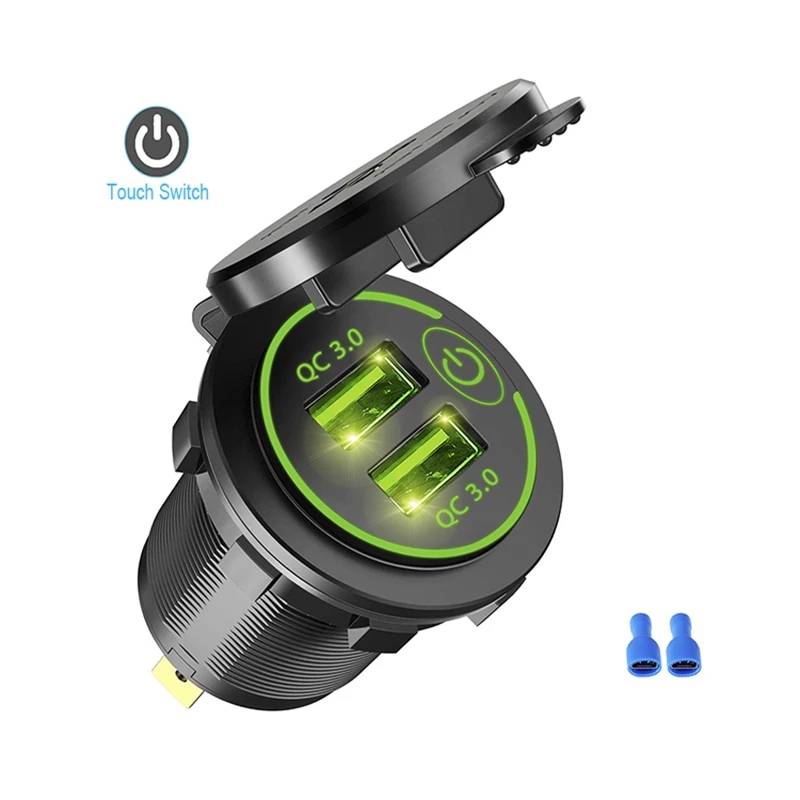 Quick Charge 3.0 Dual USB Fast Car Charger Socket Accessories Waterproof 12V/24V QC3.0 Power Outlet with Touch Switch&Led Light Uncategorized