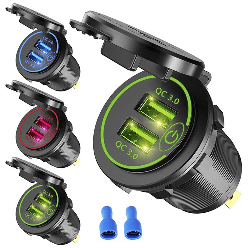 Quick Charge 3.0 Dual USB Fast Car Charger Socket Accessories Waterproof 12V/24V QC3.0 Power Outlet with Touch Switch&Led Light